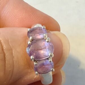 Sterling Silver Purple Gemstone Three-Stone Ring. Size: 8 3/4"